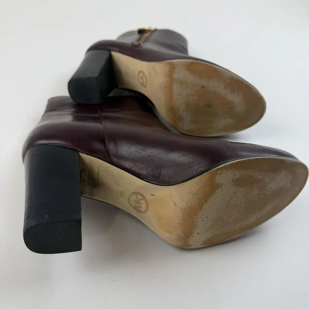 Michael Kors Womens Leather Ankle Boots Size 8M Burgundy Red Block Heel Booties